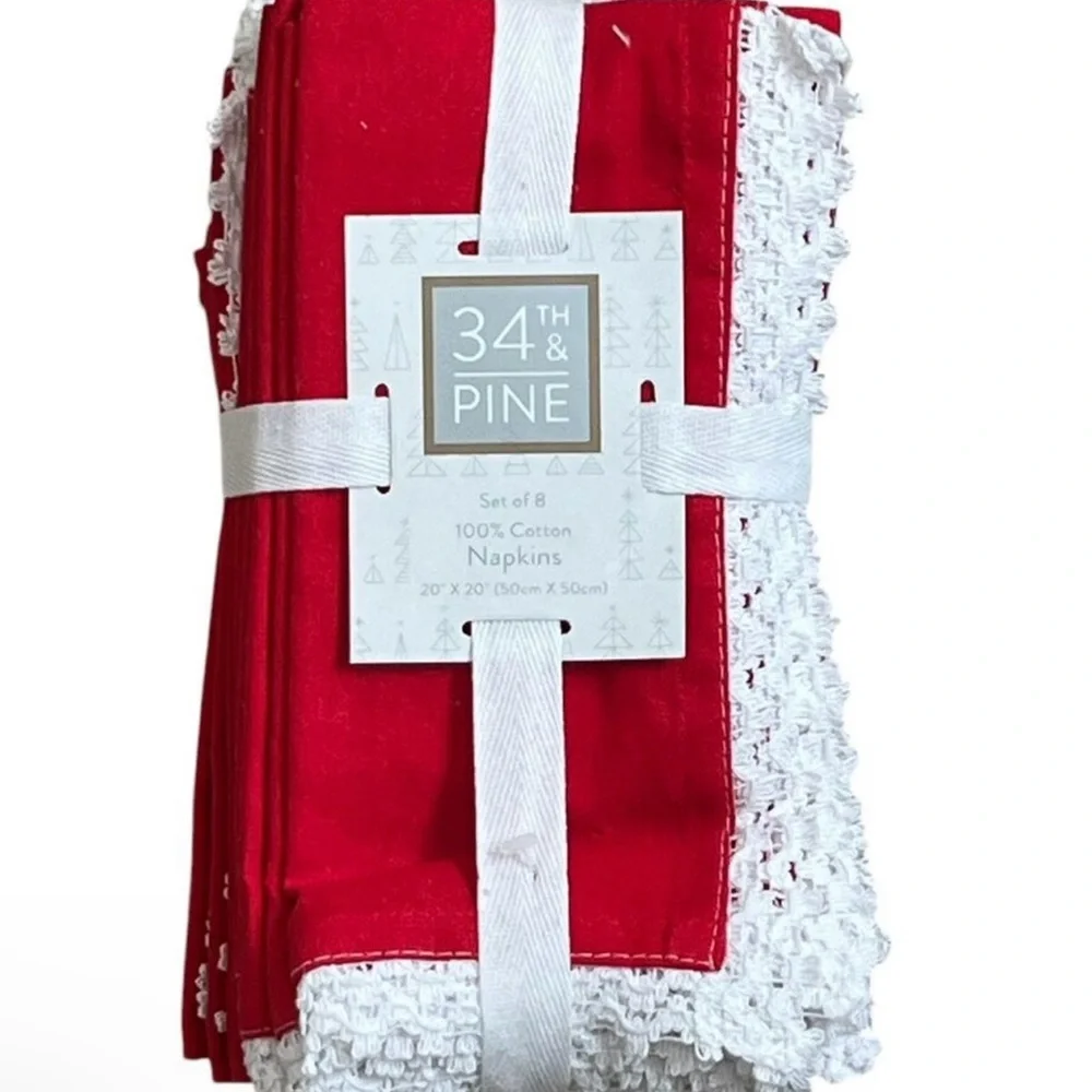 34th & Pine 100% Cotton Cloth Napkins Red with White Lace Trim, Set of 8